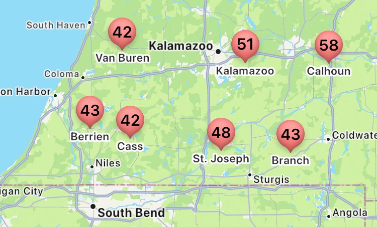 Map of southwest Michigan showing areas with risk of corn tar spot.